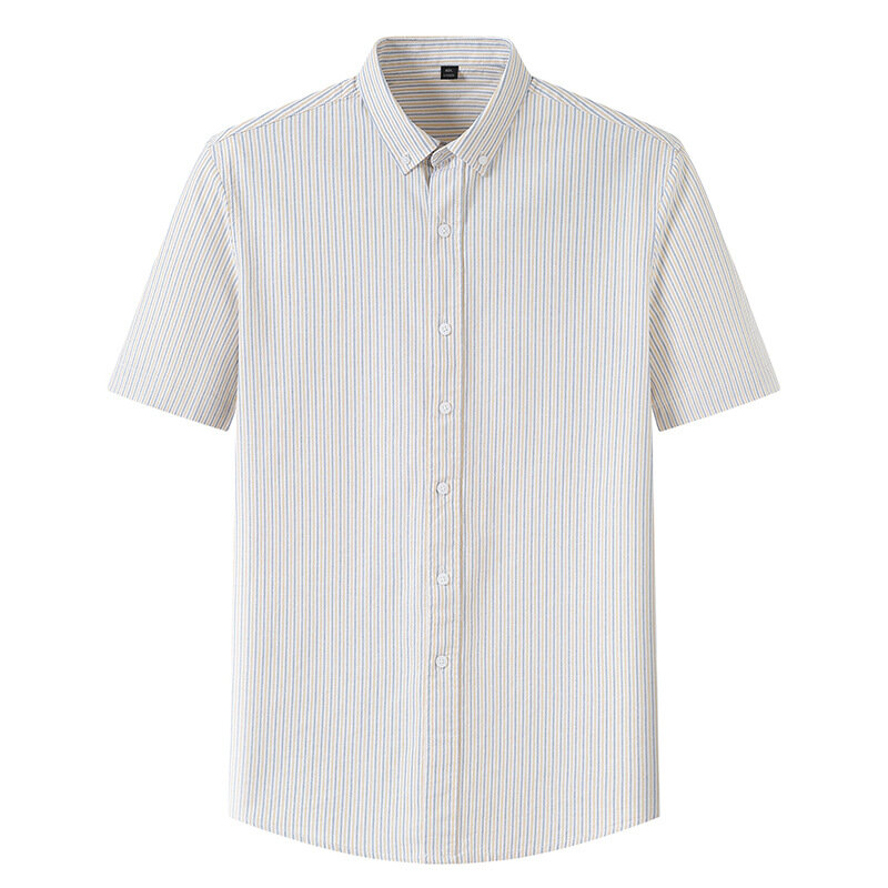 Summer 100% Cotton Short Sleeve Striped Men Dress Shirt Casual Slim Fit Social Male Blouse