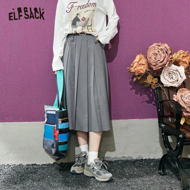 ELFSACK – jupe plissée mi-longue grise pour femmes, bas basique, printemps, 2023