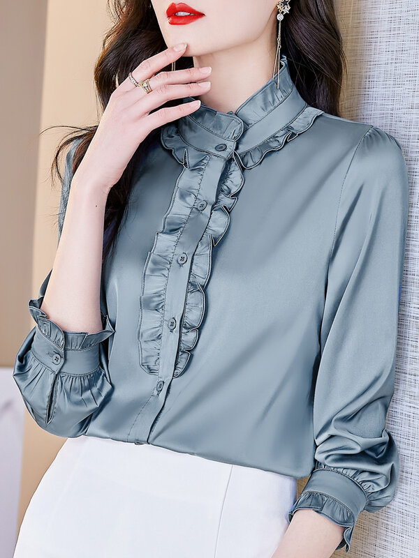 Женская Повседневная Блузка с высоким воротником, элегантная винтажная блузка с широким подолом, 2021