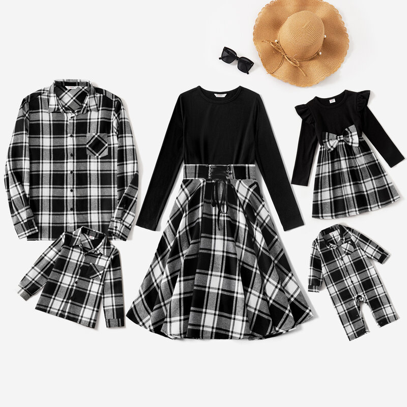 Patpat família combinando outfit manga longa sólida costela malha emendado xadrez vestidos e camisas família conjuntos de roupas combinando