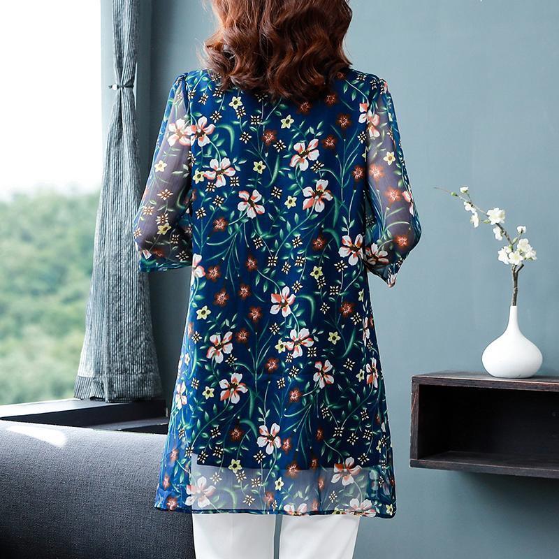 韓国のファッション-女性の花柄のカジュアルなポロシャツ,新しい夏のミディボタン付きの薄いシフォンブラウス,3/4スリーブ
