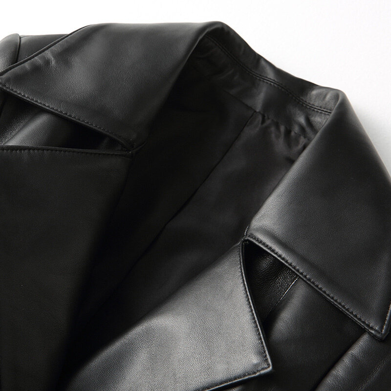 Classic women's leather jacket, long office belt jacket, slim fit, natural sheep skin