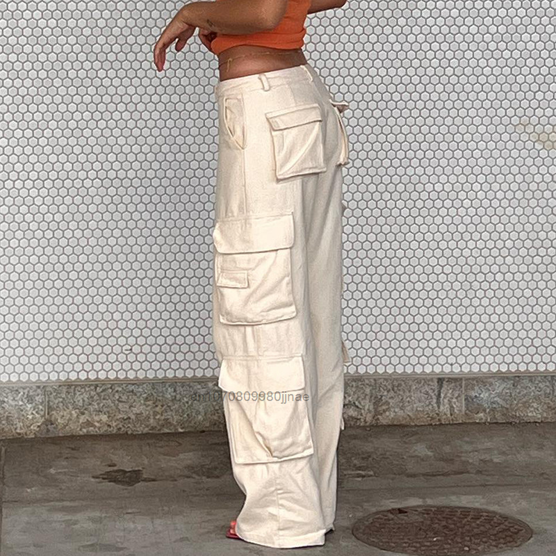 Streetwear Vintage แฟชั่น Cargo กางเกง Y2k ผู้หญิงสีขาวหลวมสบายๆขากว้างกางเกงยีนส์ผู้หญิง Harajuku Hip Hop กางเกงยีนส์ ...