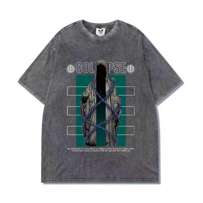 Camisetas Retro con letras lavadas para hombre, camisa con estampado de Anime, de algodón de gran tamaño, ropa Vintage de moda, 2022