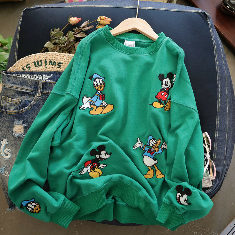 Disney Frauen Weiß Hoodies Sweatshirt Stickerei Mickey Donald Ente Trainingsanzug Sport Sweatshirt Japanischen Lässig Lose Jumper