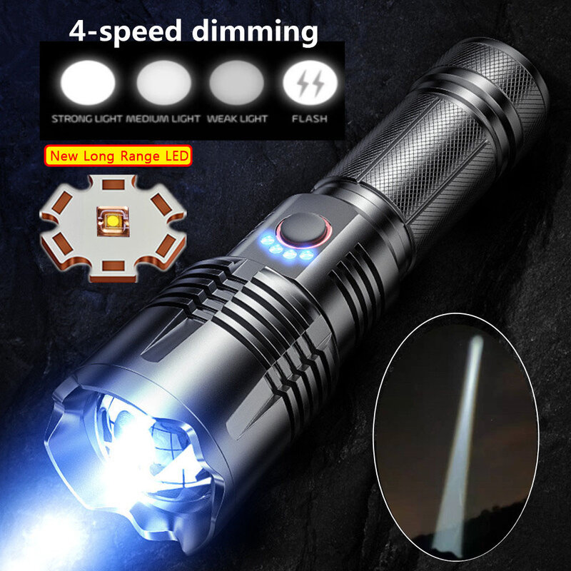 Powerful LED Flashlight Super Bright Spotlight Long Range Zoomable Emergency Torch USB Rechargeable with Output 5V1A Lantern