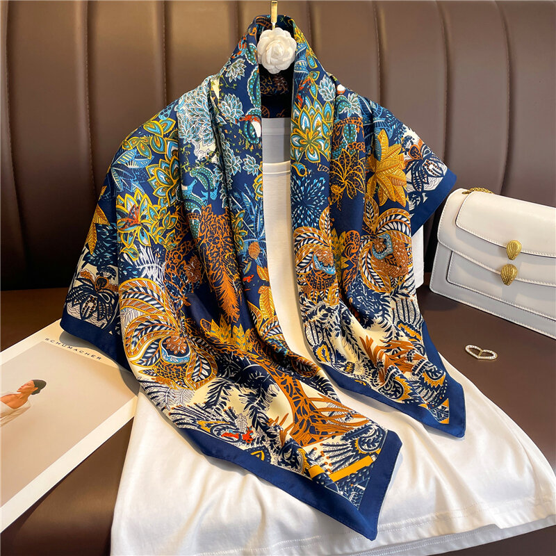 Foulard carré en sergé de soie pour femmes, Foulard de luxe, Hijab musulman, Bandana, châle enveloppant, doux, plage