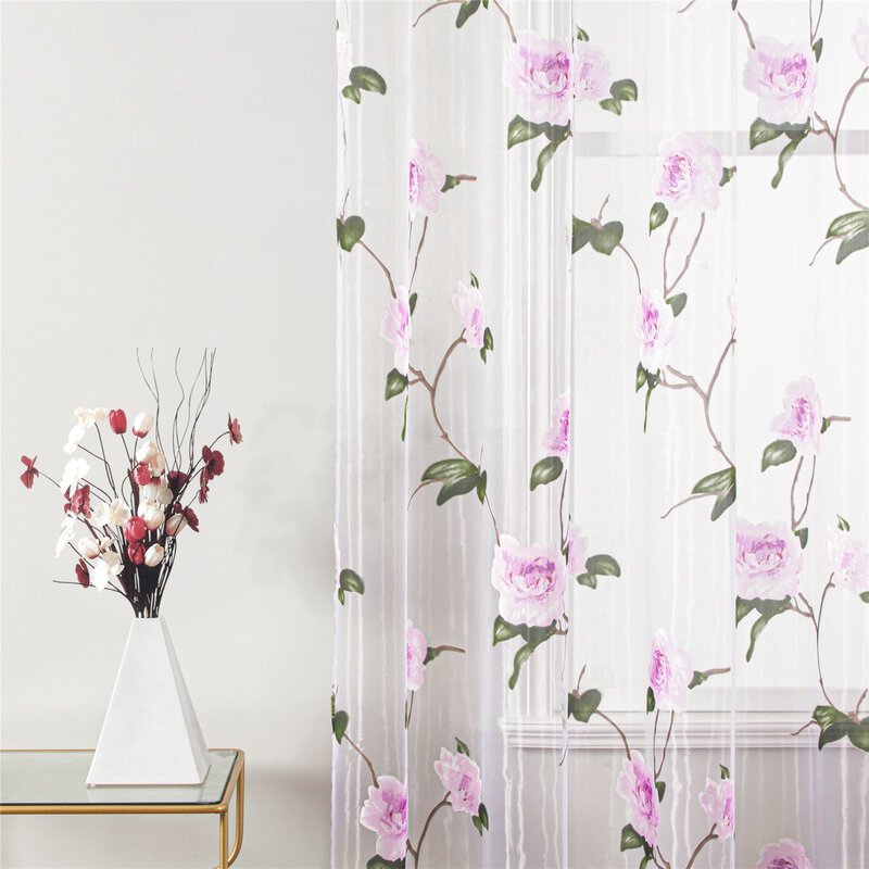 Topfinel-窓,リビングルーム,ベッドルーム,キッチンドア,チュール仕上げ用のピンクの花柄の透明なカーテン