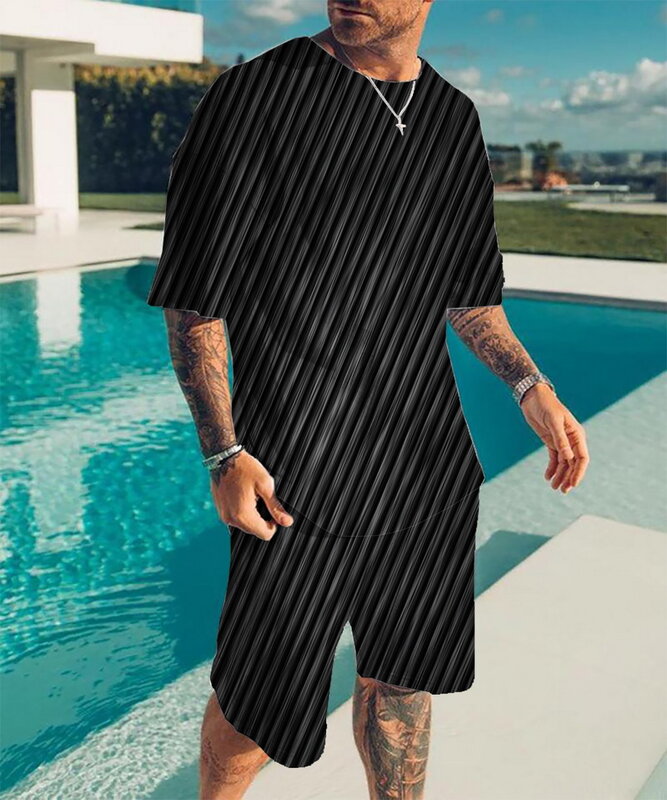 Summer European and American Men's 2 Piece Casual Short Sleeve + Shorts Sportswear Suit Beach Streetwear Retro Print Suit