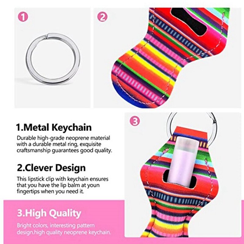 10 Pieces Clip-On Chapstick Pouch Keychain Marble Neoprene Lipstick Holders With 10 Pieces Keychain Lanyards