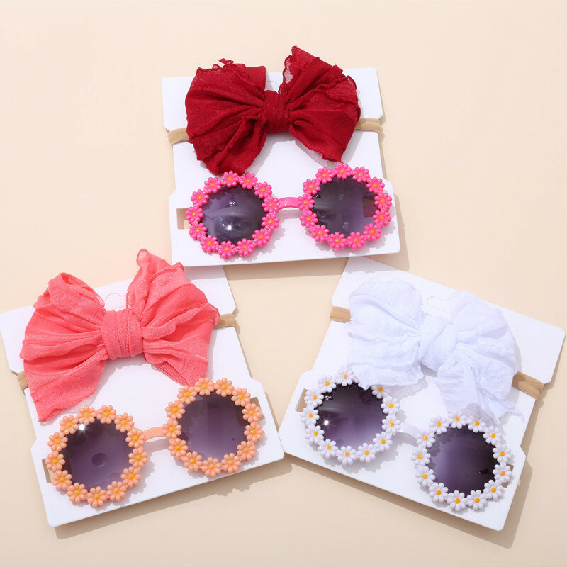 2Pcs/Set Baby Accessories For Girls Elastic Lace Head Bands With Floral Sunglasses Children Turban Soft Kids Bow Headwear Summer