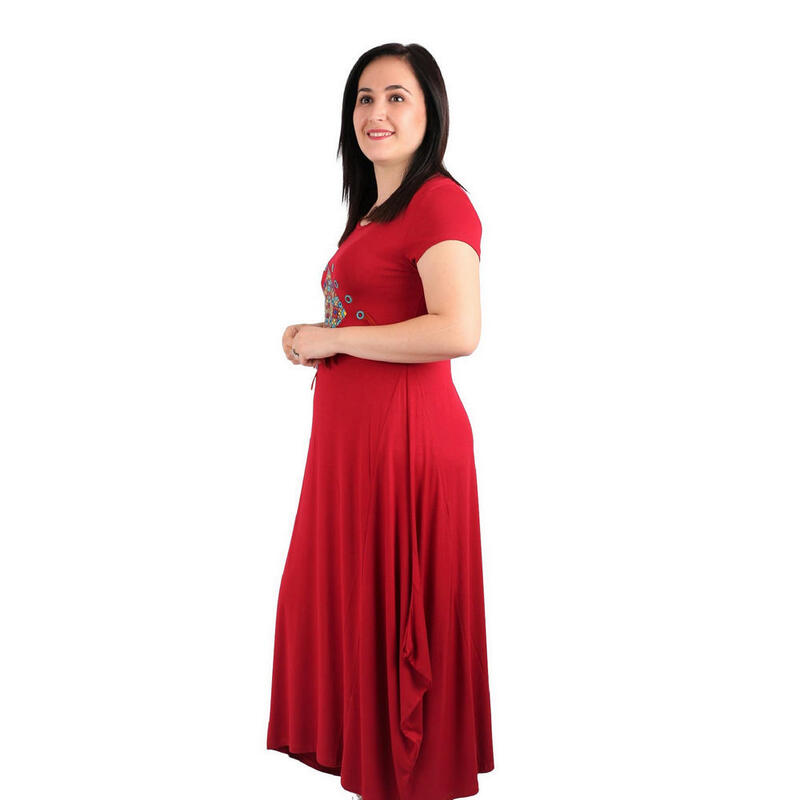 Gaun Ukuran Plus Wanita Ferite Mnsr2074 Kerah Bulat Lengan Pendek Katun Combed Panjang Musim Semi Musim Panas Kasual Warna Merah Anggur Hitam