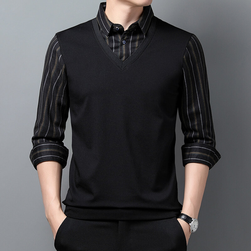 Men's False Two Pieces Shirt Collar Thickened Bottoming Shirt T-shirt Collar Young and Middle-Aged Fashion Casual Shirt