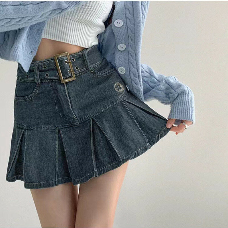Jupe courte plissée en Denim pour femmes, nouvelle collection d'été, rétro, Sexy, taille haute, ligne a, ceinture, mode coréenne, jupe tendance pour filles