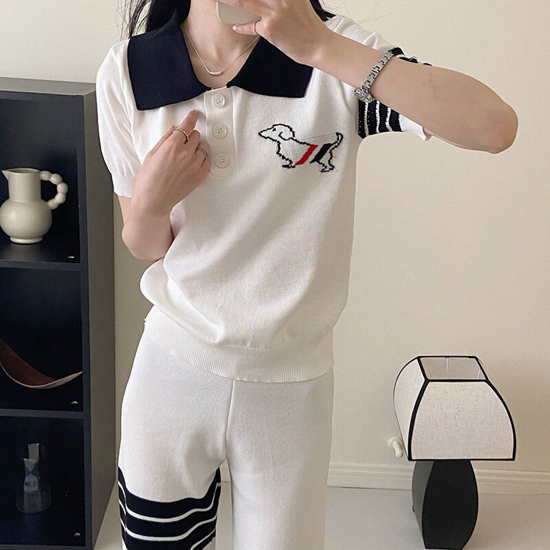 High Quality Korean Style Spot 2023 Summer TB Puppy Jacquard Short Sleeve Polo T-shirt+Casual Sports Pants Set
