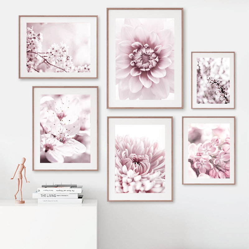 Nordic ดอกไม้สีชมพูเชอร์รี่ Dahlia Magnolia โปสเตอร์และภาพพิมพ์ผนังศิลปะภาพวาดผ้าใบภาพผนังห้องนั่งเล่...
