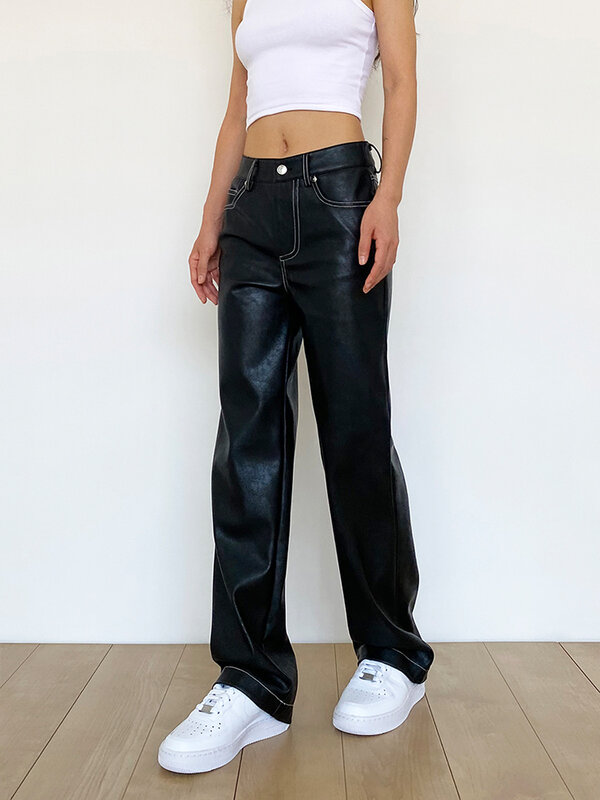 Black Leather Pants Women New Arrival Luxury Winter Thick Faux Pu Bottoms Streetwear Y2k Loose Straight Mom Fit Casual Trousers