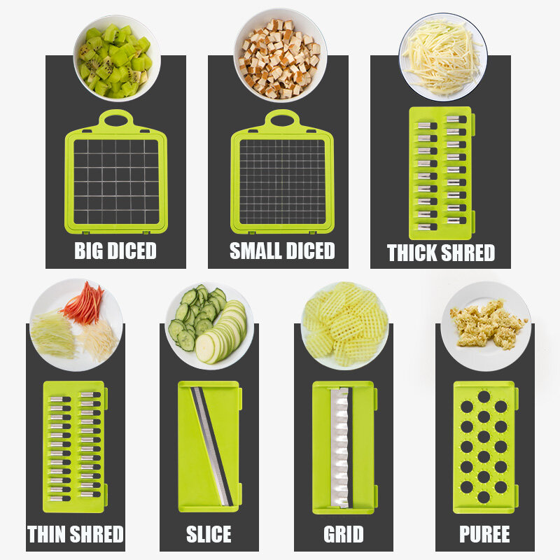 قطاعة الخضراوات متعددة الوظائف قطاعة الفاكهة مبشرة التقطيع استنزاف سلة تقطيع 8 في 1 أدوات اكسسوارات المطبخ