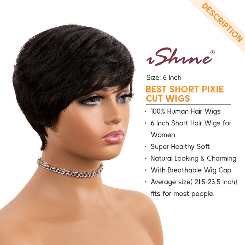 Peluca de cabello humano brasileño con flequillo para mujer, pelo Natural virgen, corte Pixie, barato, Bob corto y recto