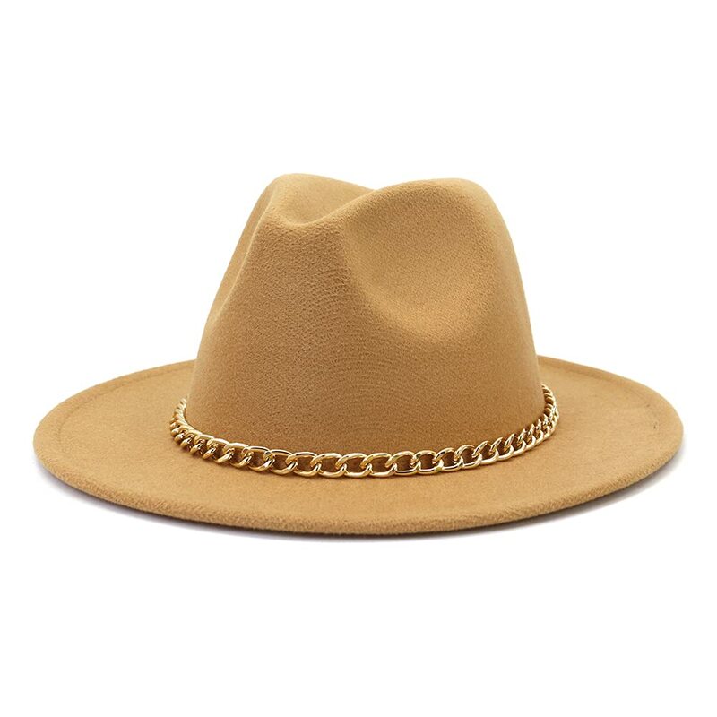 Cappello Fedora per donna cappello a tesa larga con catena dorata spessa cappello da uomo in feltro di lana da donna di lusso cappello Vintage da chiesa Jazz Party Panama per uomo