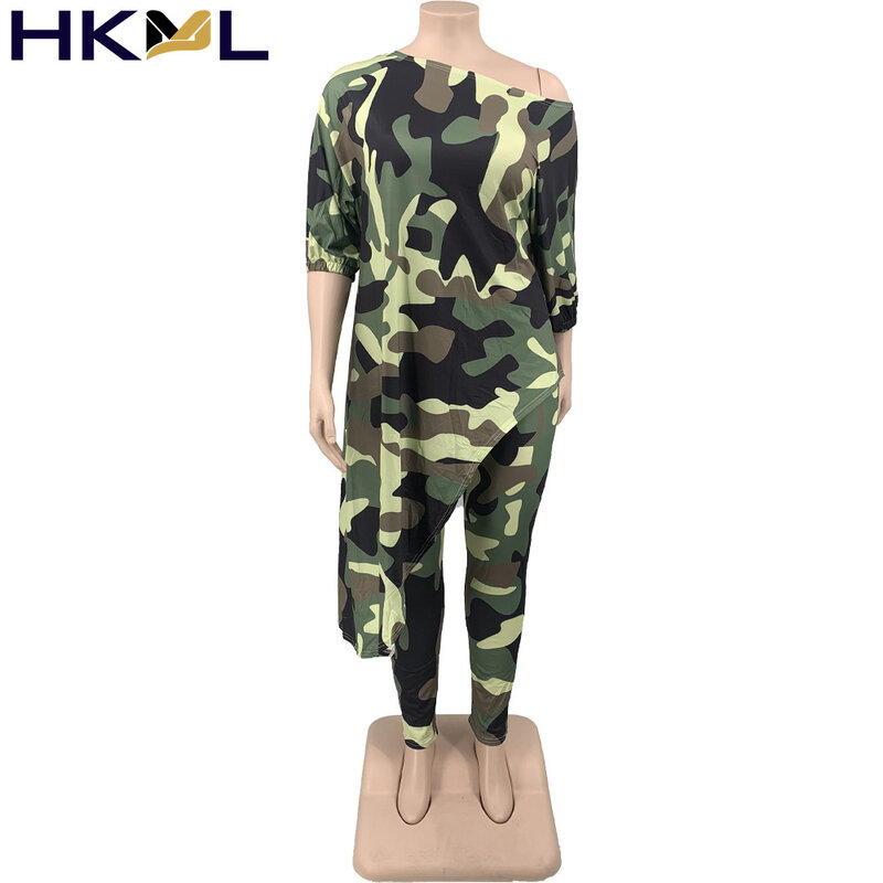 Womens Camouflage Pak Schuine Schouder Onregelmatige Lange Mouw Lange Top & Leggings Twee Stuk Plus Size 5XL