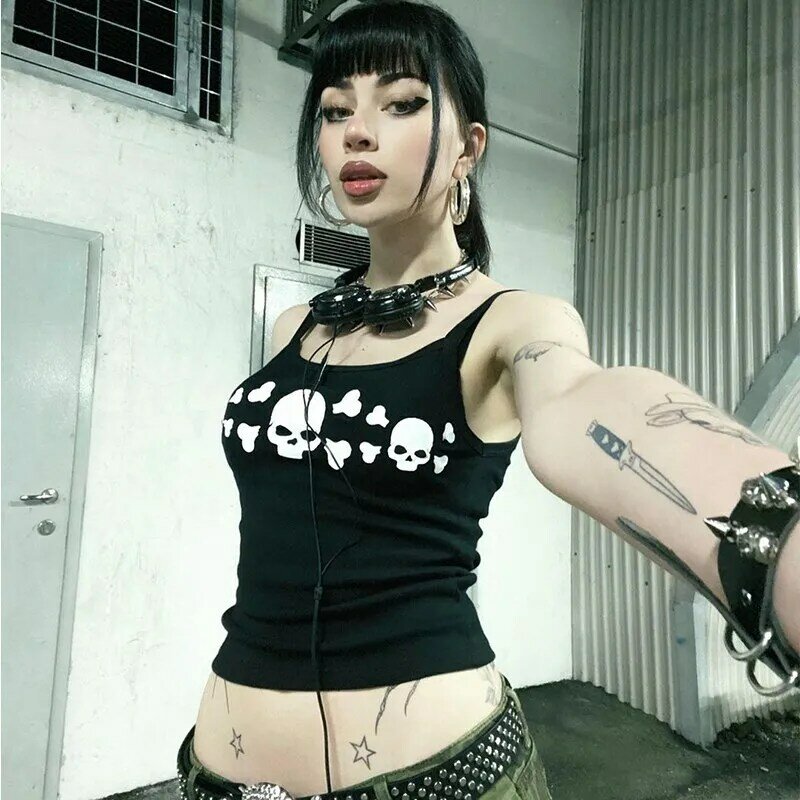 Emo Girl-Top corto informal Y2k, ropa gótica con estampado de calavera Grunge, camiseta de manga corta de los años 90, ropa de calle Punk Vintage, camiseta Sexy ajustada para bebé