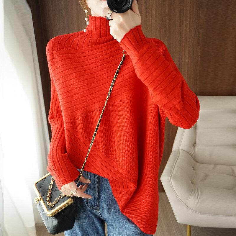 여성 플러스 사이즈 스웨터 하프 터틀넥 봄 가을 한국 버전 2022 New Outer Wear 불규칙한 긴팔 루즈 한 스웨터