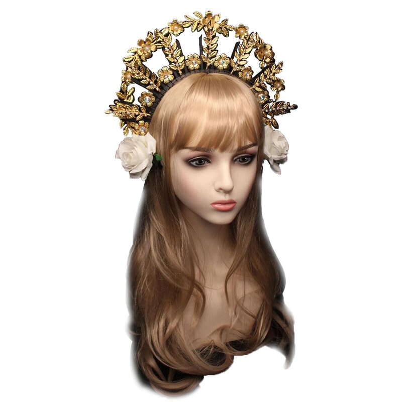 Tiara de corona de diosa de la Cruz barroca para mujer, cadena de cuentas de perlas, tocado de la Virgen María, diadema gótica, materiales de bricolaje