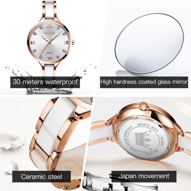 OLEVS ze stali nierdzewnej stalowy pasek mody zegarek dla kobiet wodoodporna ceramika kwarcowy wysokiej jakości kobiet zegarki na rękę