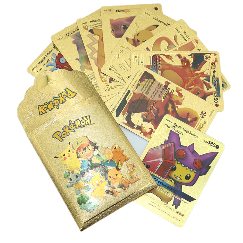 Cartas de Pokémon en español e inglés, Colección Charizard Pikachu, entrenador de batalla, 1 Metal + 10 tarjetas doradas y plateadas, caja de tarjetas de imitación, juguetes de regalo