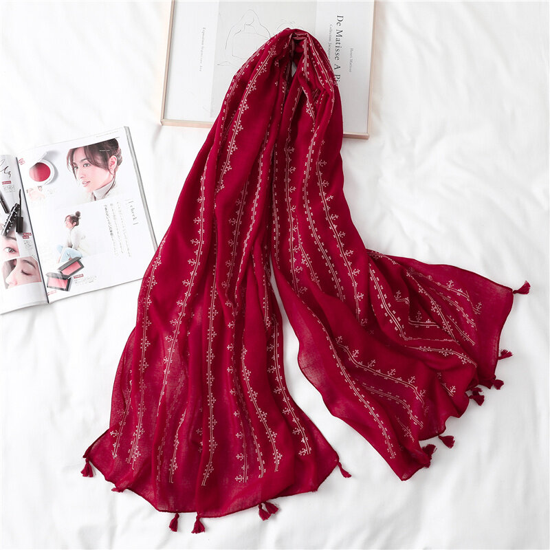 Mode Foulard de couleur solide en coton, Long Foulard imprimé doux, châle, Bandana musulman, hijab, pompon, Turban, 2021