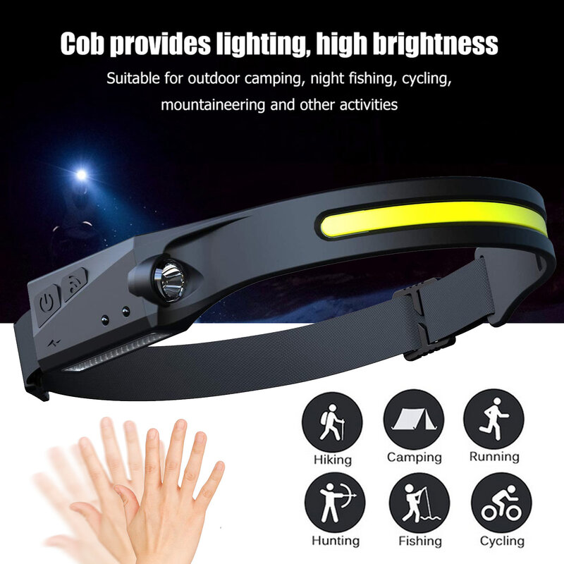 COB LED Headlamp Sensor Headlight with Built-in Battery Flashlight 350 LM Waterproof USB Rechargeable Head Lamp Torch Work Light