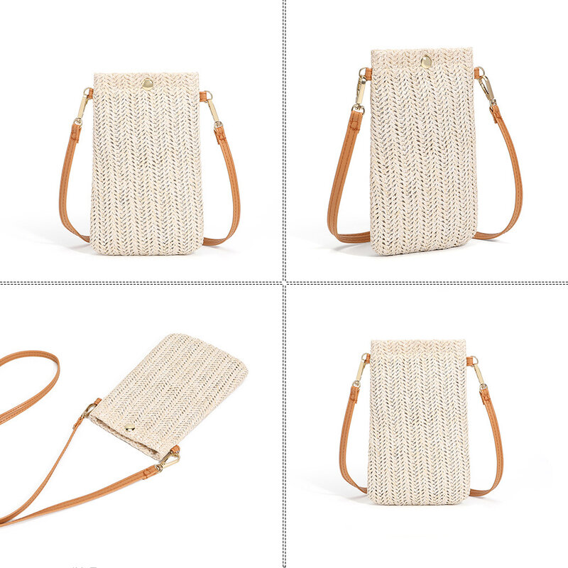 패션 짠 밀짚 여성 크로스 바디 메신저 가방, 여름 보헤미아 해변 등나무 어깨 팩 작은 솔리드 휴대 전화 동전 지갑
