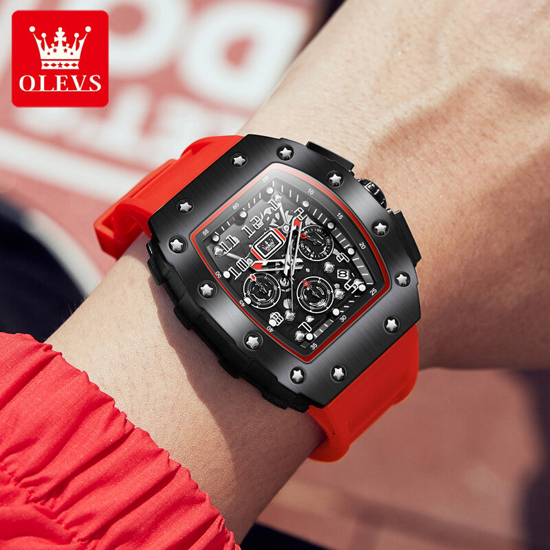 Olevs-メンズスポーツウォッチ,シリコン腕時計,大型ダイヤル,高品質のクォーツ,耐水性,発光クロノグラフ