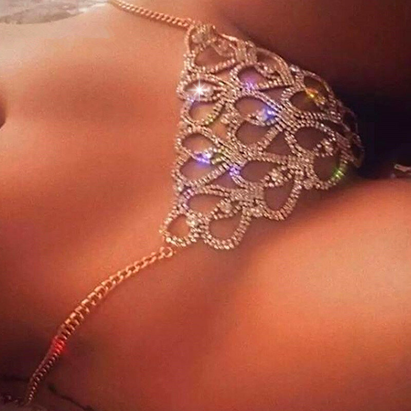 Bikini Seksi Berlian Imitasi Thong untuk Wanita Mewah Kristal Tubuh Rantai Perhiasan untuk Wanita Bikini Lingerie Rave Berongga Celana Dalam Hadiah