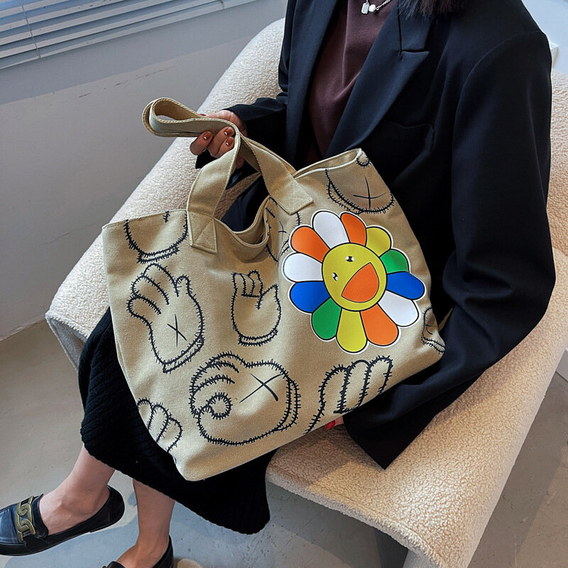 Trend Sonne Blume Leinwand Handtasche Große Kapazität Graffiti Drucke Schulter Tasche Für Frauen Harajuku Hohe Qualität Mode Strand Tasche