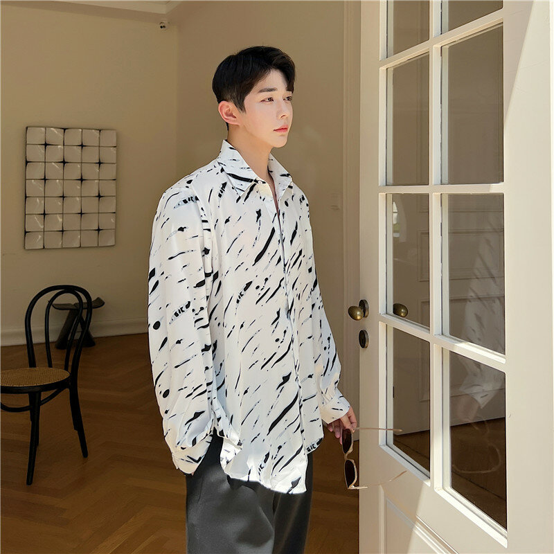 Streetwear Jeugd Man Shirt Chiffon Vintage Print Lange Mouwen Shirt Oversize Blouse Loose Casual Top Koreaanse Mens Designer Cothes