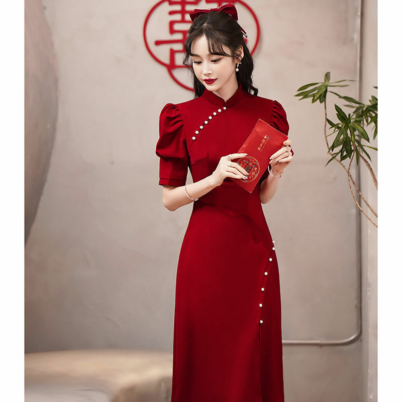 2022 Summer Explosion Style-Chinese Retro Women’S Toast/Bride/Wedding Engagement Wine Red Slim Cheongsam Dress