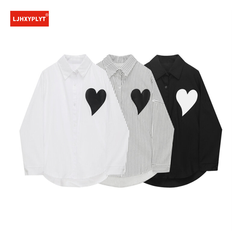 Único breasted vintage coração impressão listrado preto branco manga longa camisa das mulheres primavera solto blusa feminina topo neutro cardigan