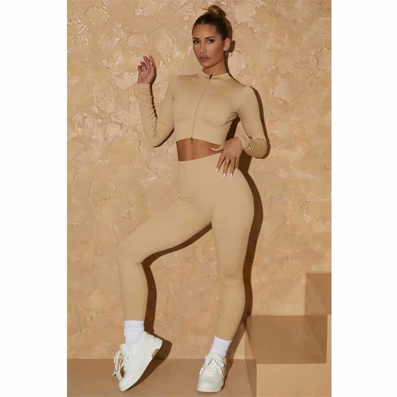 Pakaian Olahraga Wanita Setelan Yoga Gym Celana Ketat Olahraga dengan Mantel Ritsleting dan Celana Pinggang Tinggi Pakaian Olahraga Berkualitas Lengan Panjang