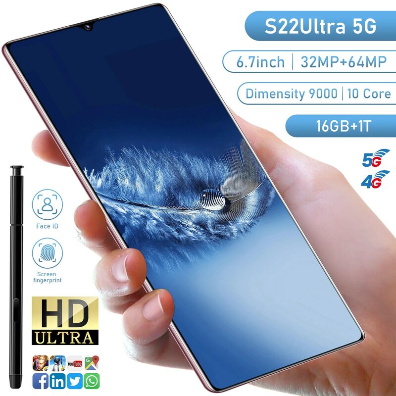 S22 Ultra SmartPhone 16gb Ram Phone Andriod Smartphones Unlocked Mobile Phones 6.7 Inches Celular 64MP HD Camera 4G/5G Telephone