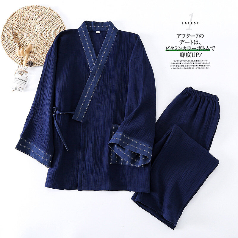 Костюм-кимоно мужской из двух предметов, тонкий свободный кружевной свитер в японском стиле, Всесезонная Домашняя одежда контрастного креп...
