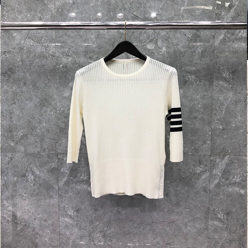 TB THOM Knitted Sweater Three-quarter sleeves Women's Fashion Brand Slim Casual Tops Cotton Striped 4-Bar Pullover TB Sweaters