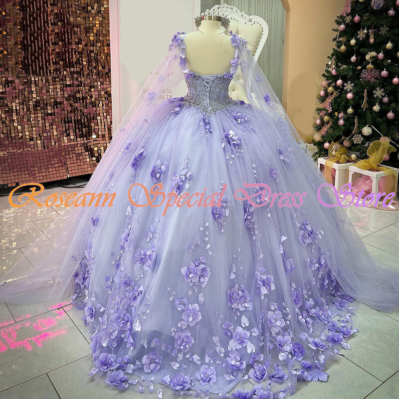 Robe Quinceanera violette à lacets, exquise, col en v, ligne a, robe De bal bouffante, à perles, à fleurs 3D