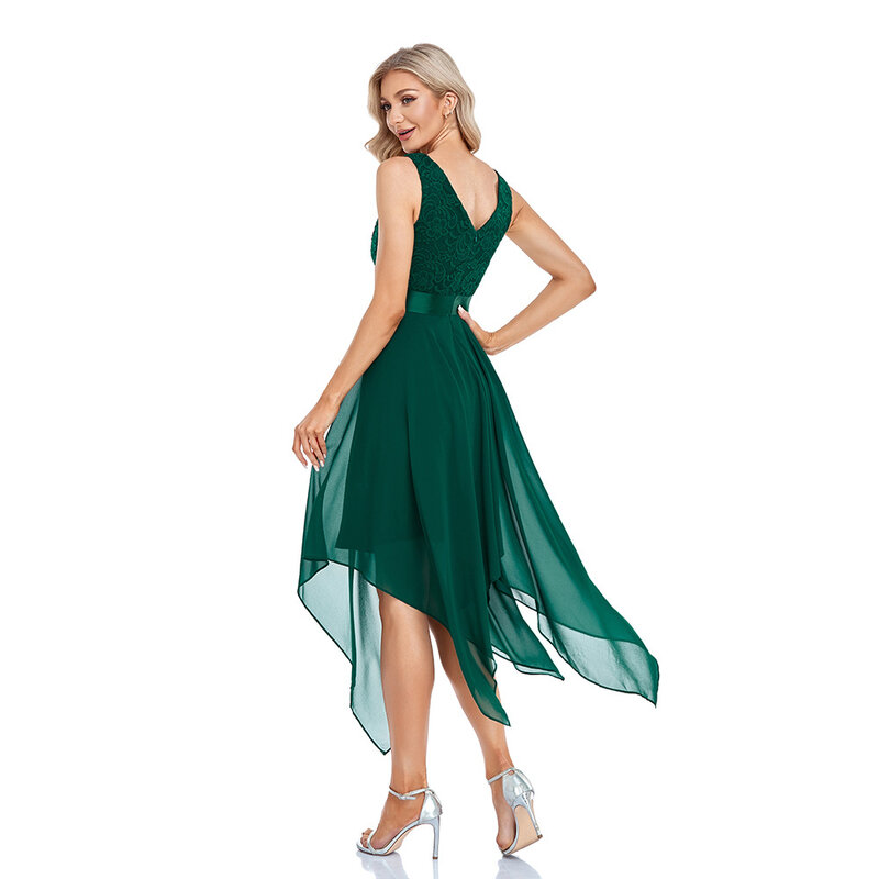 Кружевные и шифоновые зеленые коктейльные платья а-силуэта с V-образным вырезом, платье длиной ниже колена для выпускного вечера, оптовая пр...