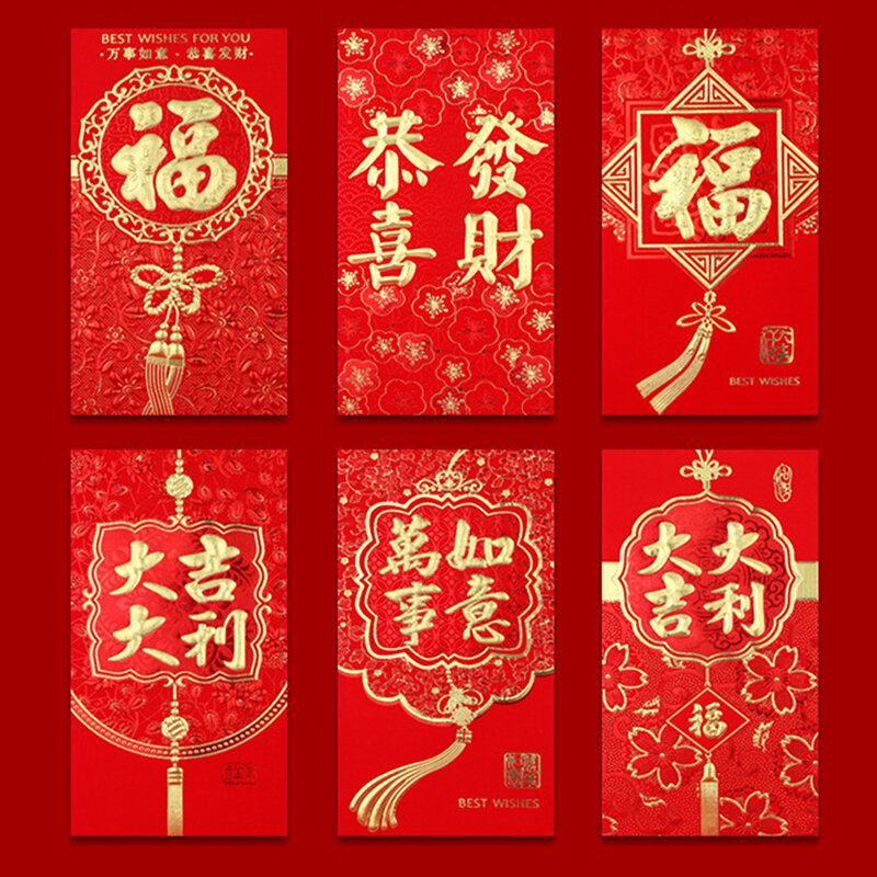 Конверты красные новогодние в китайском стиле, 6 шт.