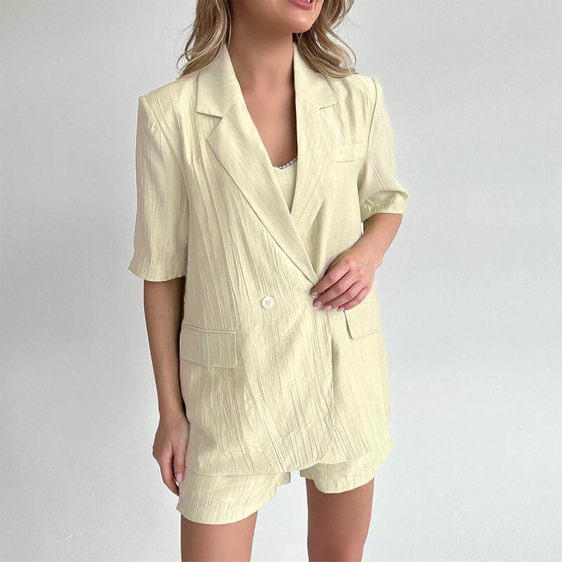 여름 정장 코트 짧은 소매 턴 다운 칼라 버튼 탑 여성 의류, 단색 캐주얼 복장 패션 아웃웨어 정장 코트
