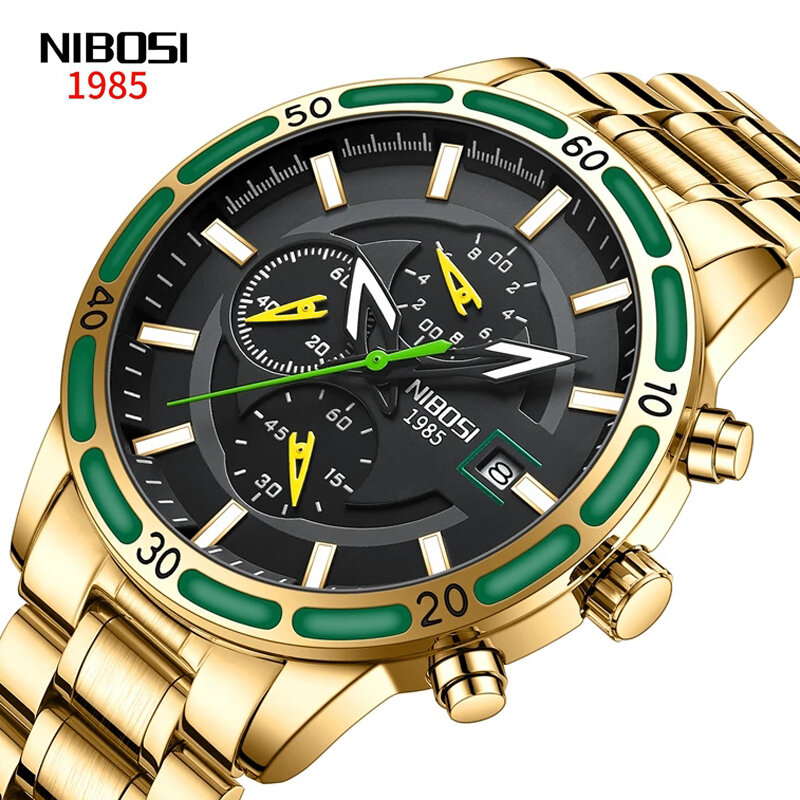 NIBOSI-reloj analógico de acero inoxidable para hombre, accesorio de pulsera de cuarzo resistente al agua con cronógrafo, complemento Masculino deportivo de marca de lujo con esfera dorada y verde, 2023