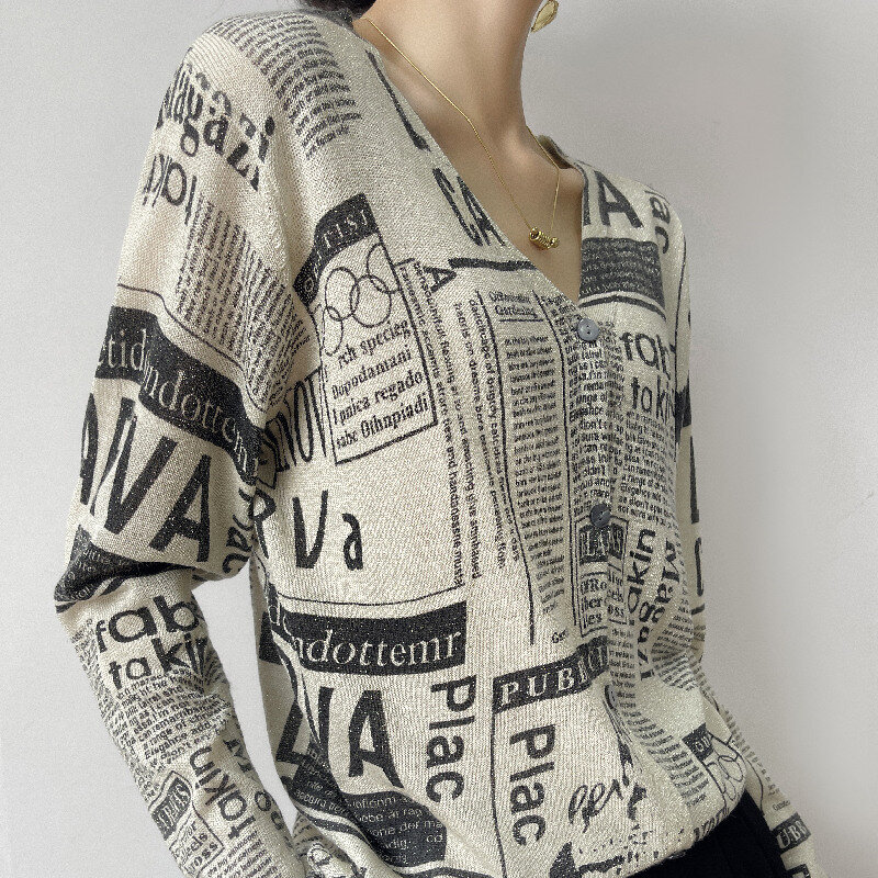 Sweter wiosenny panie sweter 2022 nowy koreański wersja z dekoltem w kształcie litery v z wełny z dzianiny z długimi z rękawami i nadrukiem Top luźne i na co dzień. Płaszcz
