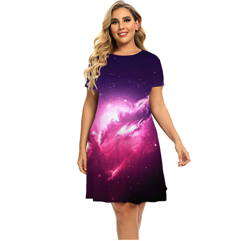 3D Starry Sky ผู้หญิงด้านนอกพิมพ์หลวมแขนสั้นฤดูร้อน Plus ขนาดลำลอง O-Neck Mini Dress สั้น vestidos